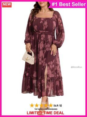 Plus Size Floral Maxi Dress Square Neck Long Puff Sleeve Semi Formal Wedding